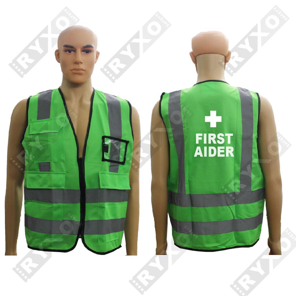 first aider safety vest green supplier in abudhabi , uae by ryxo safety