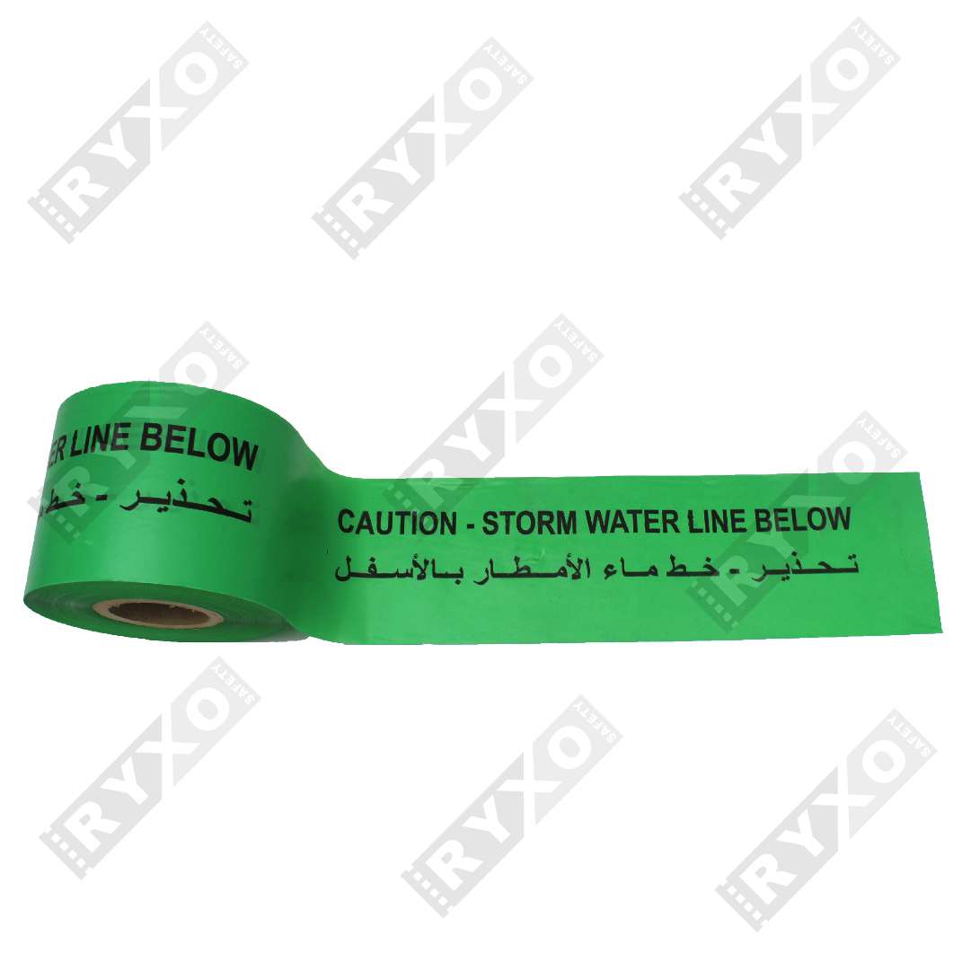CAUTION - STORM WATER LINE BELOW ,UNDERGROUND WARNING TAPE SUPPLIER IN MUSSAFAH , ABUDHABI , UAE BY RYXO SAFETY