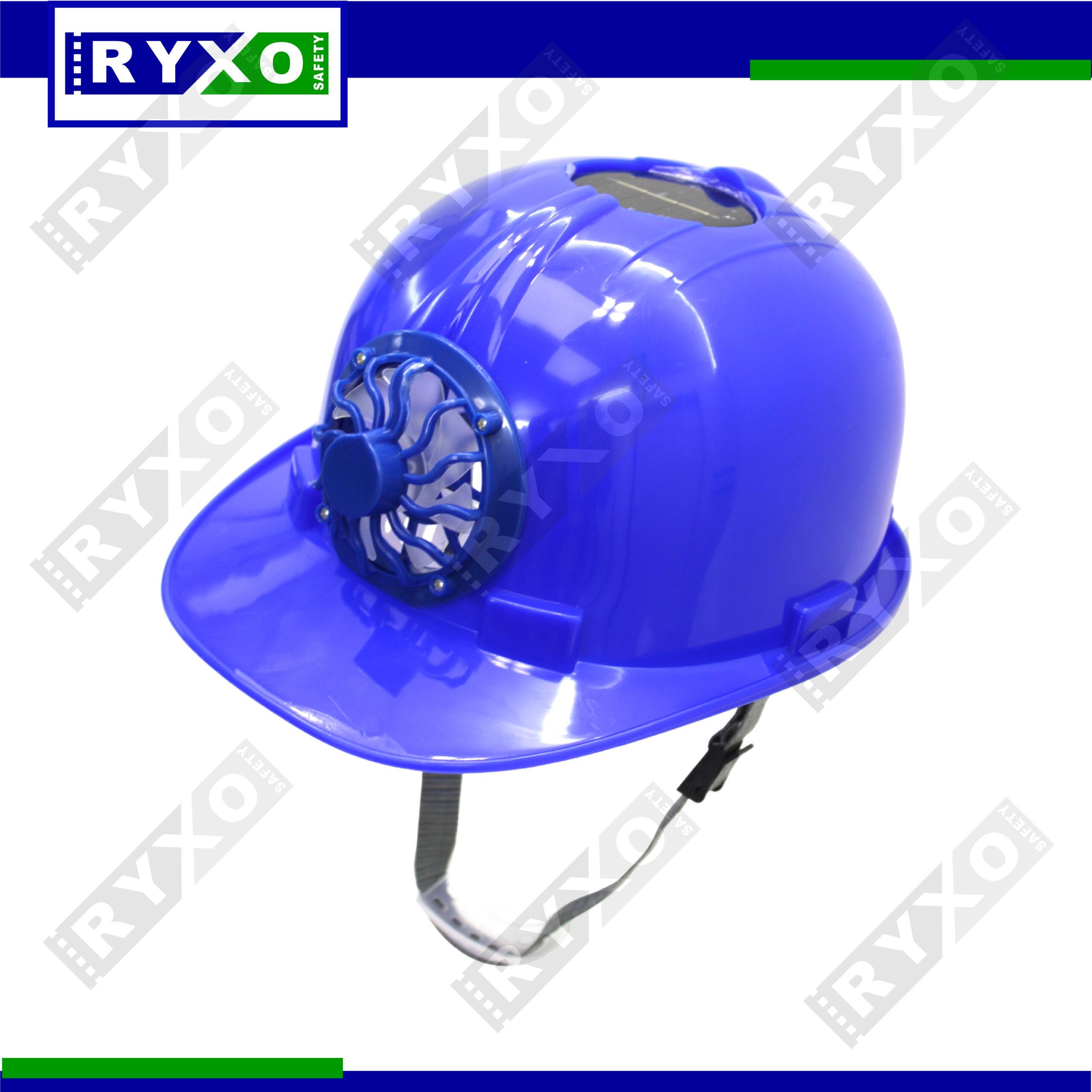 "RYXO Safety solar powered fan helmet - blue , cooling safety helmet with built-in solar fan for construction, outdoor, and industrial use."