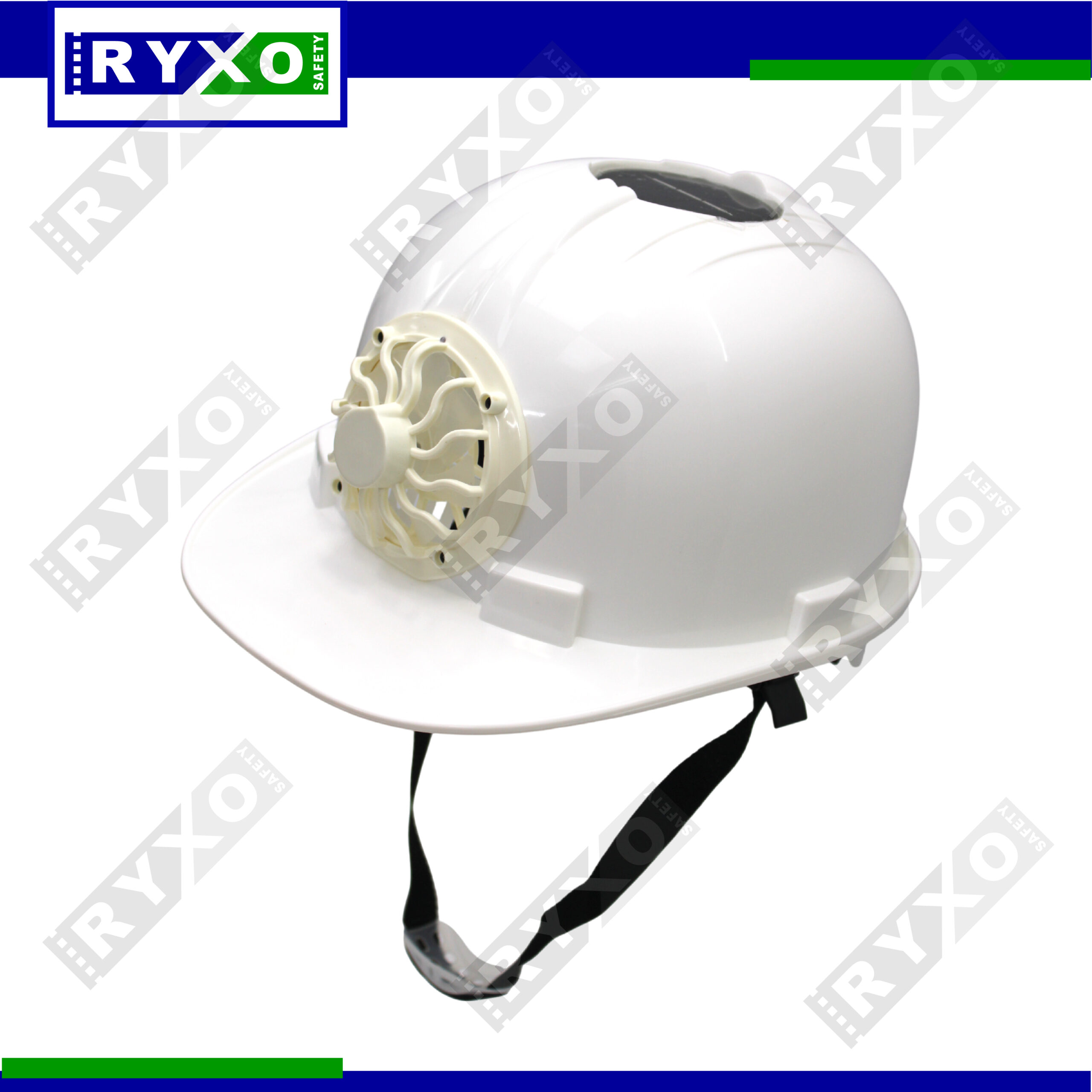 "RYXO Safety solar powered fan helmet - white , cooling safety helmet with built-in solar fan for construction, outdoor, and industrial use."