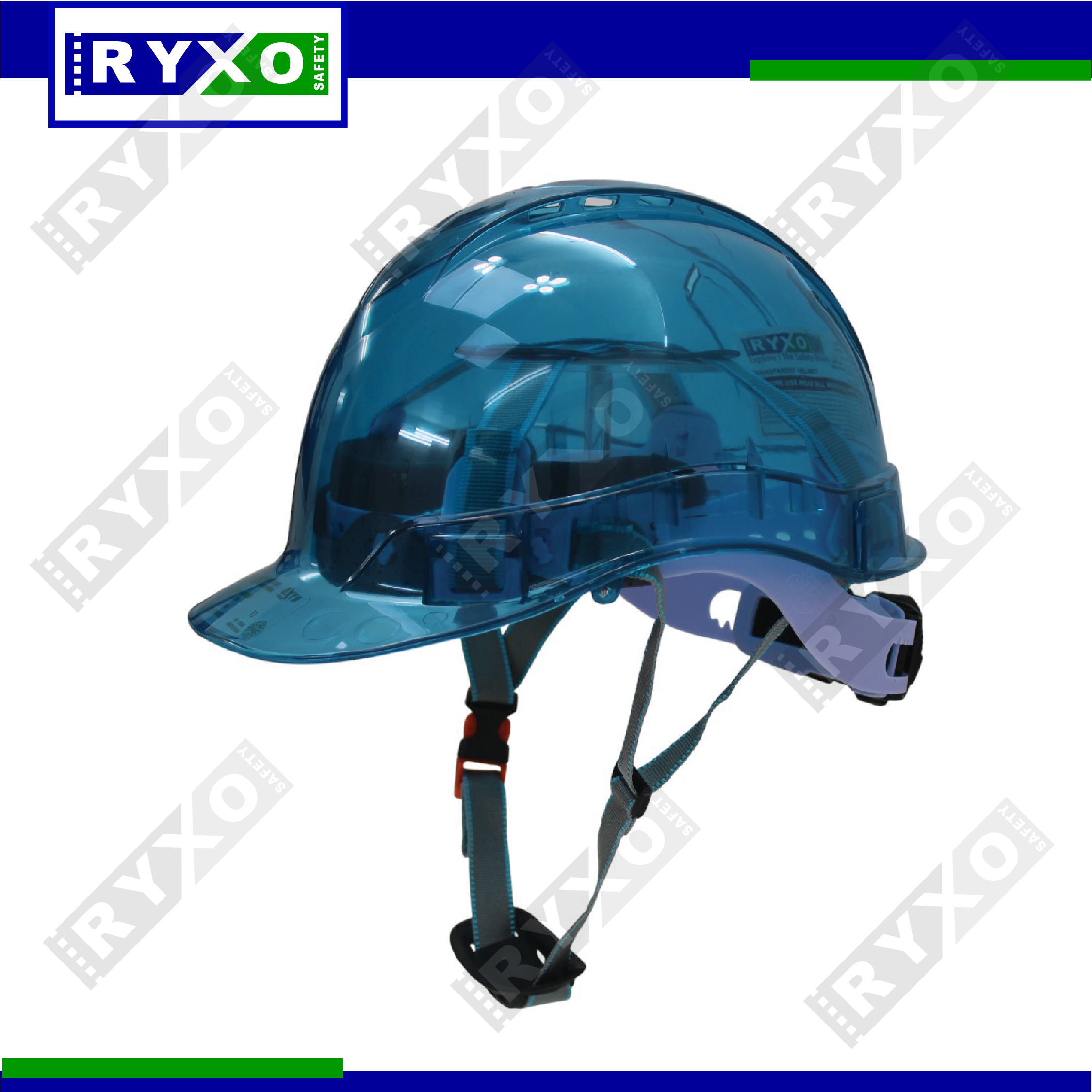 "RYXO transparent safety helmet – blue lightweight, durable head protection for construction, industrial, and outdoor work."